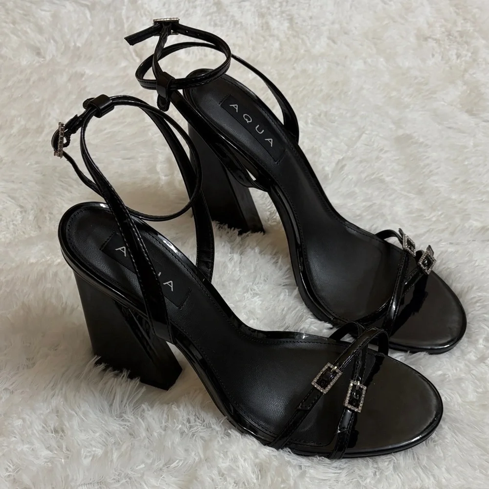 NEW Without Box Aqua Black Strappy Block Heels With Rhinestone Detailing 9.5B